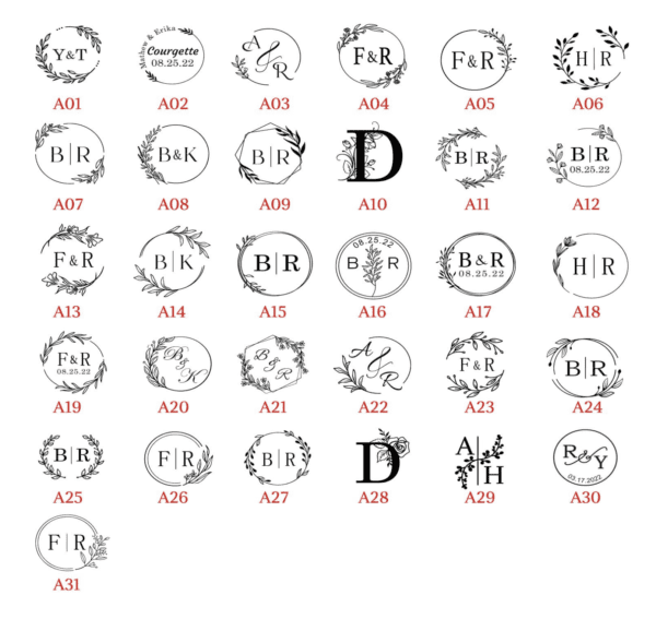 Various decorative logo designs and initials.